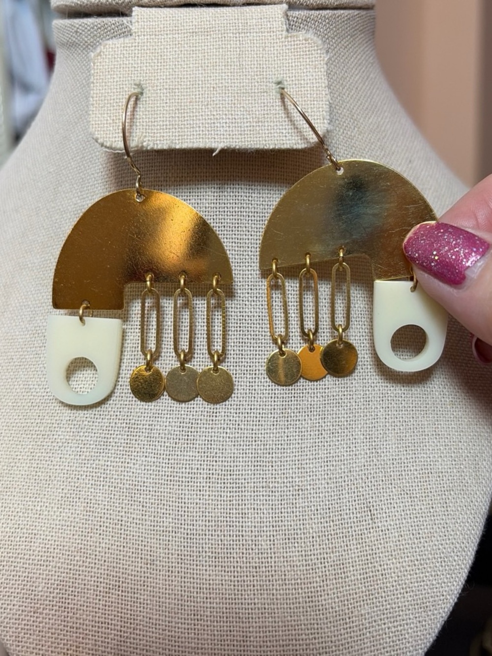 Gold and Cream Modern Dangle Earrings